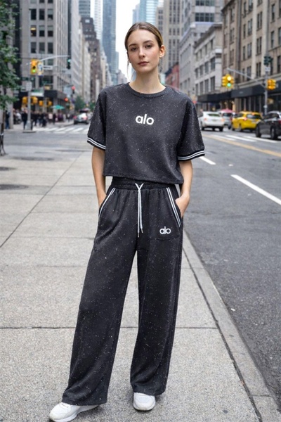 FashionForYou ALOra Women's Set, with short top and wide-leg pants, Anthracit...