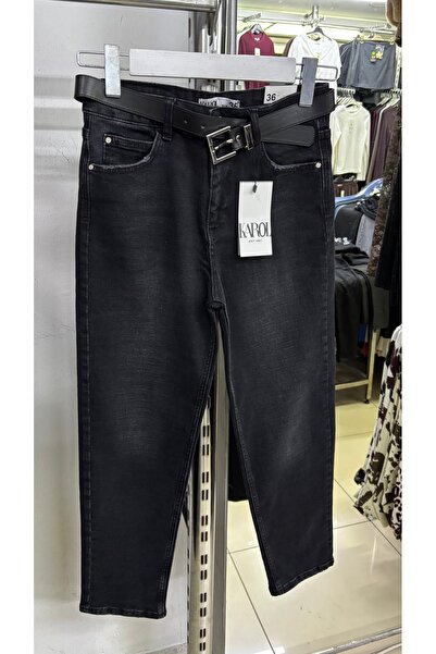 KAROL Siyah/FÜME kemerli normal bel Likralı Slim Mom fit jeans