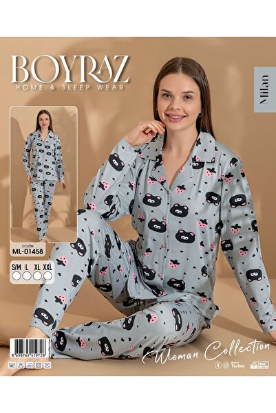 BEYAZTOPTAN Λευκό Γυναικείο Σετ Πιτζάμες με Μακριά Μανίκια Με σχέδιο - Σετ Βα...