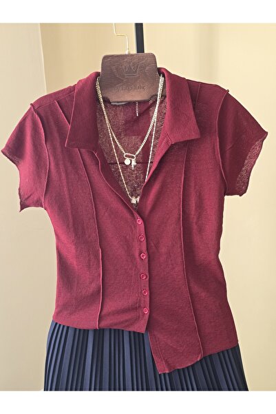 By Ezgi Kılıç Burgundy Shirt Collar Stretchy Knitted Blouse