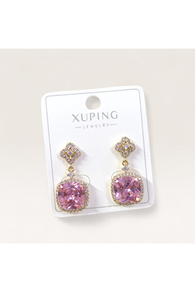 Güler Yüzlü Silver Xuping 10 mm Pink Square Stone Stud Earrings Gold