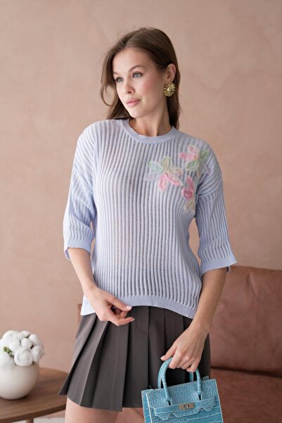 fuşyha butik Women's Bisilet Collar Floral Print Knitwear Sweater