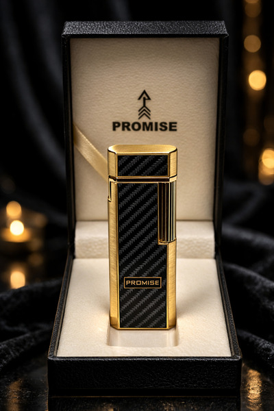 PROMISE Premium Karbon Fiber Desenli Gazlı Çakmak – Gold Kaplama Lüks Tasarım