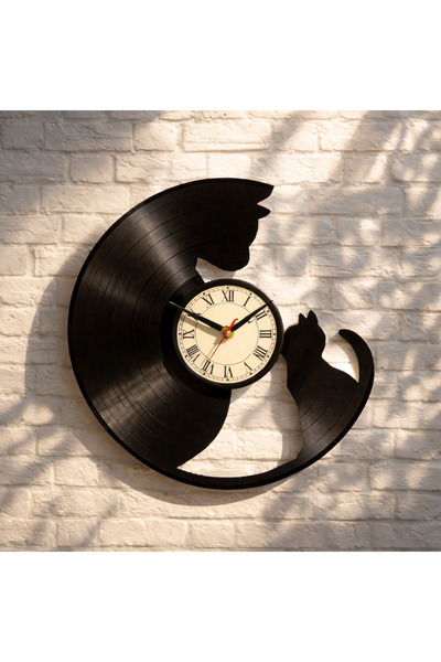 Handmade Recycled Handmade Plaque Wall Clock with Cat Silhouette