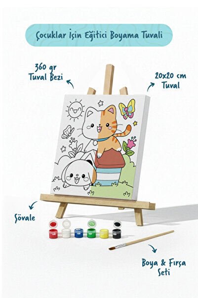 Tabdiko Kedi ve Köpek Figürlü Çocuk Boyama Tuvali – Şövaleli Boya Seti 20x20
