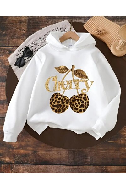 Kids Κοριτσίστικο φούτερ με κουκούλα σε λευκό λεοπάρ σχέδιο και στάμπα κεράσια