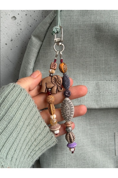 WhimsyWhite Bohemian Elephant Luck Keychain Charm with Citrine and Jasper Natural Stones – Bag Ornament, Natural Stone Accessory