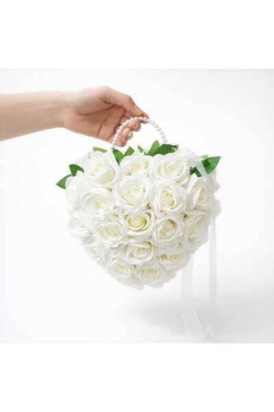 Acarflowers BEYAZ GÜLLÜ KALP ŞEKLİNDE ÇANTA FORMUNDA GELİN BUKETİ(45 AD)+YAKA...