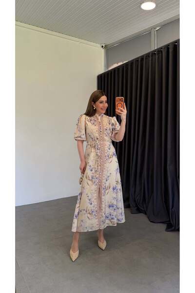 elif teke Lilac Tone Button-Front Dress Cream