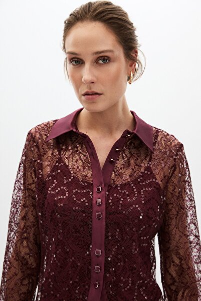 shnwomen Bordo Dantelli Gömlek