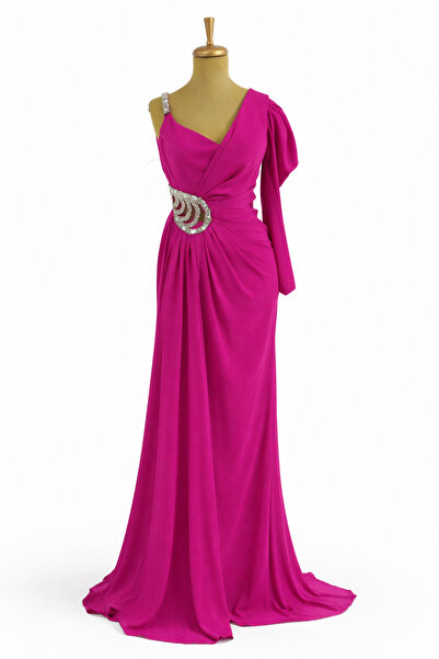 STARLİFE KADIN ABİYE TEK OMUZ TAŞ AKSESAUR DETAYLI YIRTMAÇLI ŞIK DAVET ELBİSESİ