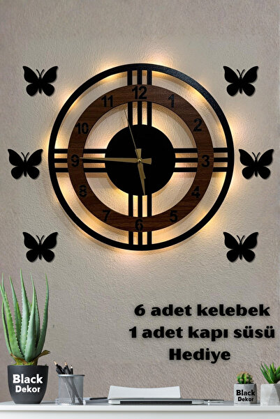 Blackdekor Ceviz Renk Üç Çizgili LED Duvar Saati 40 Cm Modern Dekoratif Salon...