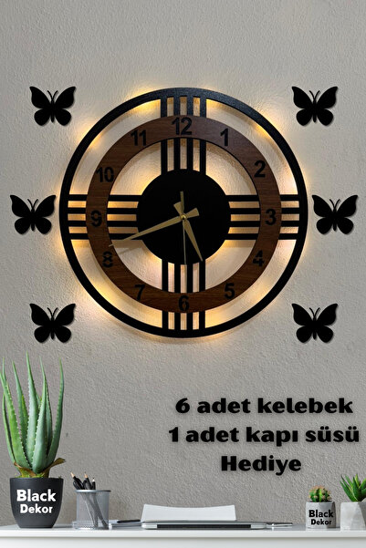 Blackdekor Ceviz Renk Dört Çizgili LED Duvar Saati 40 Cm Modern Dekoratif Sal...