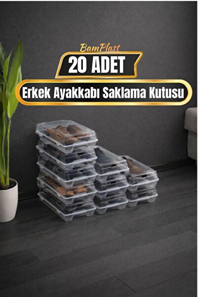 BAMPLAST 20'li Şeffaf Erkek Ayakkabı Saklama Kutusu – Hava Delikli, İstiflene...