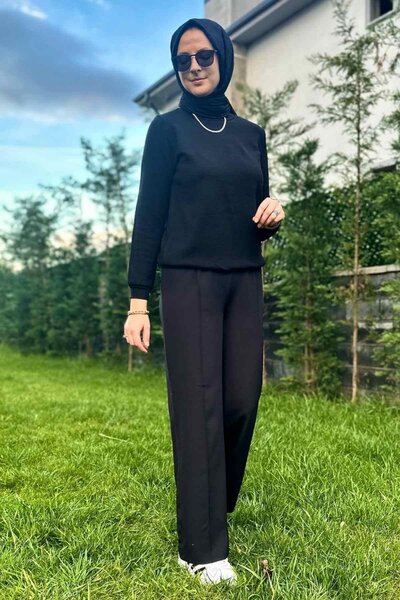 Rabia Şamlı Μαύρο παντελόνι με ραβδώσεις Φαρδιά μπατζάκια