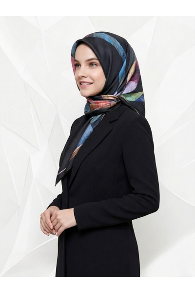 Trend Parla Siyah Zemin Renkli Geometrik Desenli Soft Pamuk Eşarp
