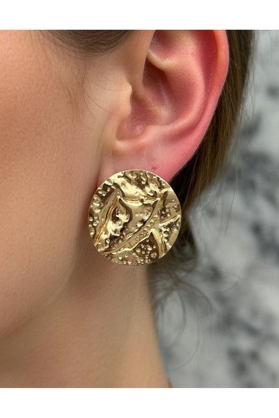 ABACIA Steel Round Textured Earrings – Gold Color, Tarnish Resistant Modern Design