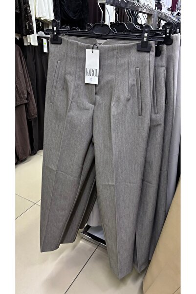 KAROL Kırçıllı gri yüksek bel önü flatolu kumaş pantolon (ORJİNAL KAROL)