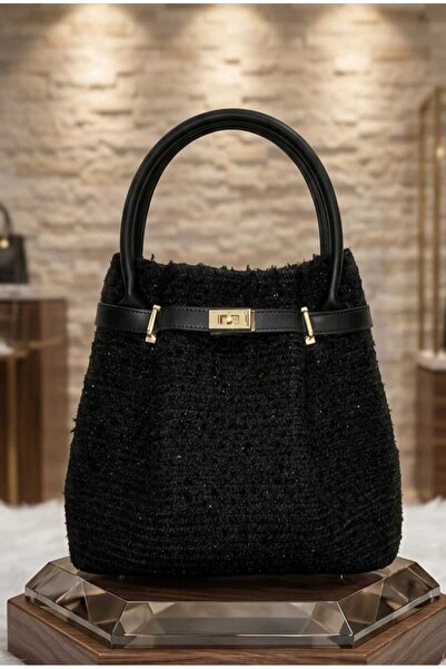 SARDA أسود ذو ملمس بارز قماش ذهبي بإبزيم مصنوع يدويًا للنساء حقيبة يد - للاست...