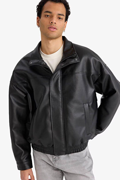 DeFacto Oversize Black Men's Leather Coat D2427Ax/Bk27