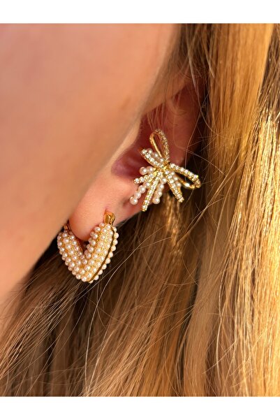 DİESMOONCO Fiyonklu Zirkon Taşlı İncili Altın kaplama Kıkırdak Küpe - Sıkıştı...