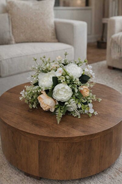 SAKLI ATÖLYEM Dekoratif Yapay Çiçek Aranjmanı – Şık Yuvarlak Ahşap Saksı Tasarım