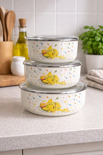 ALEV EMAYE 3’lü Emaye Saklama Kabı Seti – Vakumlu Kapaklı – 14 / 16 / 18 cm –...