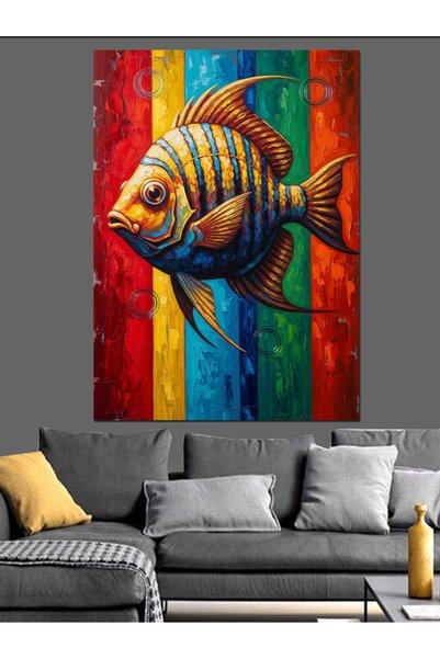 Artmeg Pânză decorativă cu pictură cu pești exotici în culorile curcubeului -...