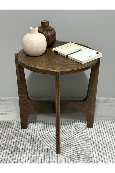 AZM DESİGN Modern Ceviz Rengi Yuvarlak Yan Sehpa – Dekoratif Ahşap Salon ve K...