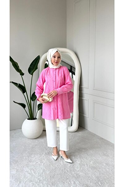 Nes Moda Önü Güpür Detaylı Oversize Gömlek (Tunik)