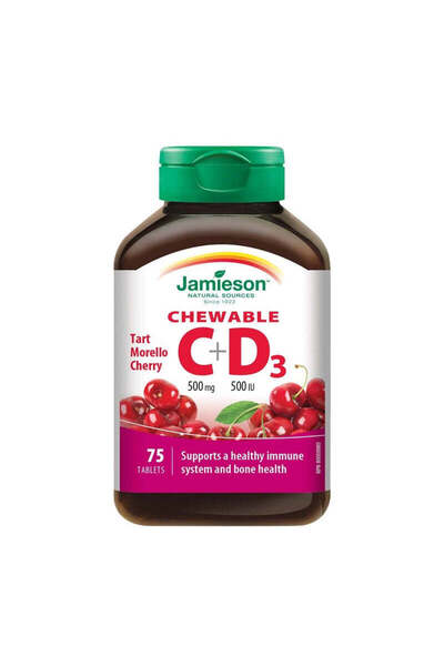 Jamieson Βιταμίνη C 500 mg + Βιταμίνη D3 500 IU με γεύση κεράσι, 75 μασώμενα ...