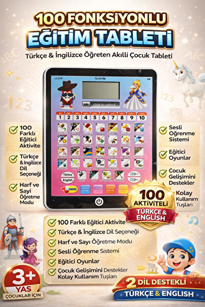 YILDIRIM OYUNCAK Eğitici 100 Fonksiyonlu Türkçe İngilizce Çocuk Tableti | Ses...