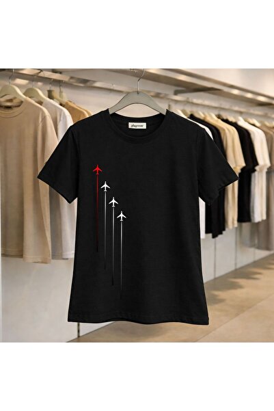 playwear Tricou cu imprimeu cu avion de luptă, 100% bumbac, supradimensionat,...