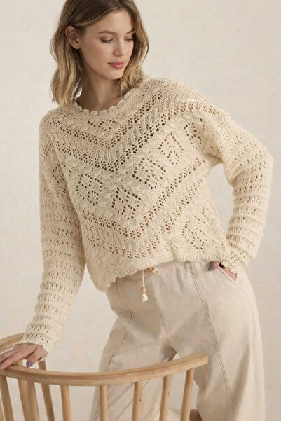 ModaAzen Stone Color Embossed Patterned Lace Openwork Seasonal Women's Knitwe...