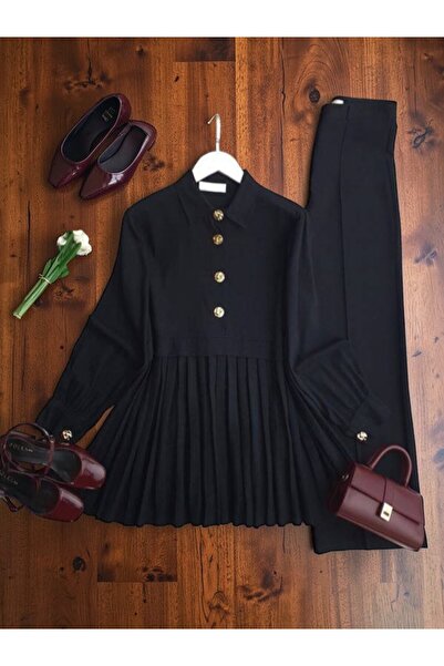 ŞAHİN TESETTÜR GİYİM PİLİSELİ YARIM DÜĞMELİ KETEN TUNİK 5698