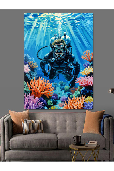 Artmeg Pânză decorativă Deep Sea Diver Among Corals - Tablou din lemn MDF