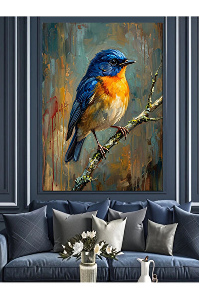 Tablo Mega Dalda Duran Küçük Mavi Kuş Dekoratif Kanvas - Mdf Ahşap Tablo