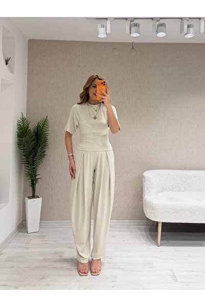 İrka Moda Bel Oturtmalı Pileli Pantolon Takım