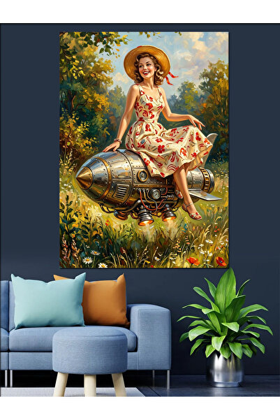 Artmeg Femeie retro așezată pe o rachetă, pânză decorativă - Masă din lemn MDF