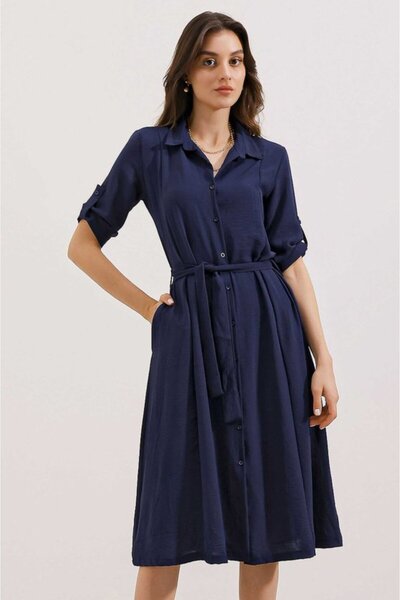 COjans Navy Blue Belted Shirt Dress 2442