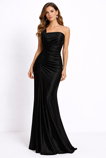 VALERIA Tek Omuz Drapeli Siyah Uzun Abiye Elbise