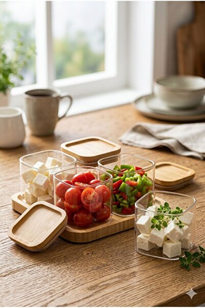 Akkoyunlu home 4-Piece Vacuum Square Glass Breakfast Spice Rack Set with Bamb...