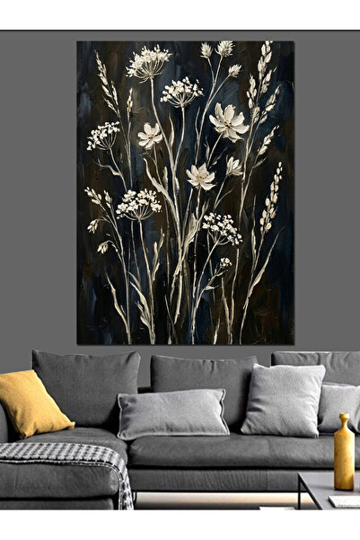 Artmeg Flori sălbatice albe pe fundal negru - Tablou decorativ din lemn MDF