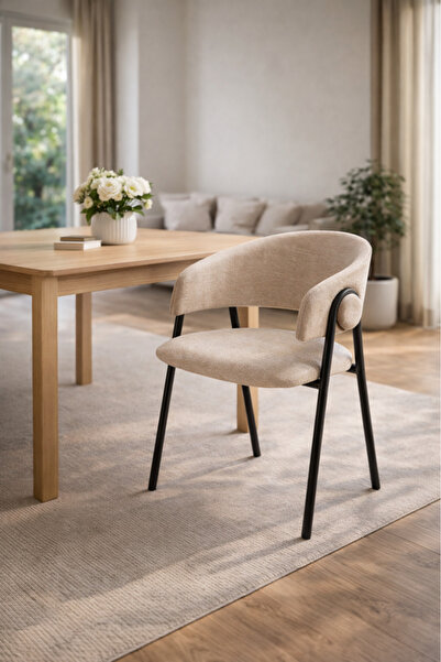 MARIA HOMES Beige Armchair with Black Metal Legs, 80x45x49 CM