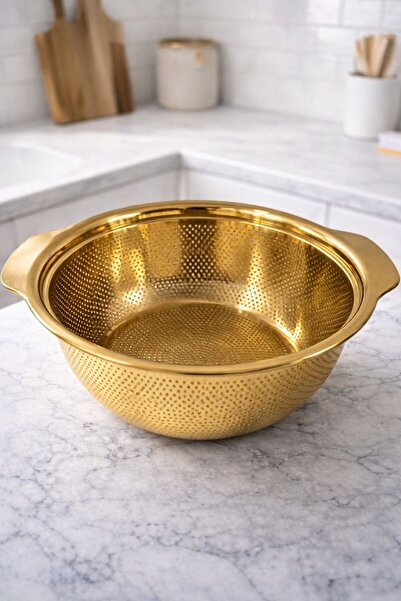 Qerhome مصفاة المعكرونة والخضار والفواكه من الستانلس ستيل باللون الذهبي مقاس ...