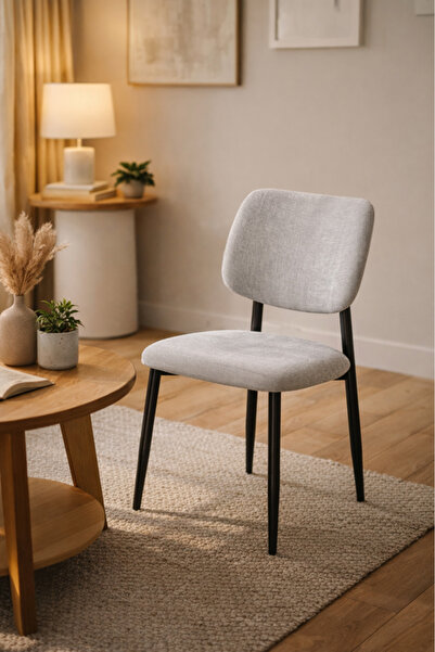 MARIA HOMES Elegant Light Grey Dining Chair with Black Metal Legs