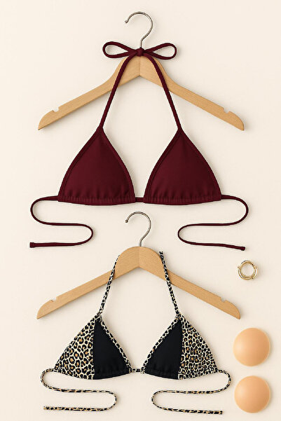 modi Desenli Kadın Modern Stil Leopar ve Bordo Minimal Kesim Üçgen Bikini Üstü