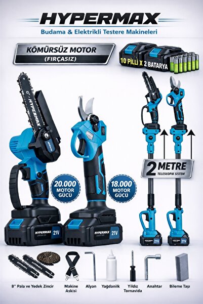 hypermax Profesyonel 3’lü Set Çift Akülü 10 Pilli Kömürsüz Teleskopik Kollu B...