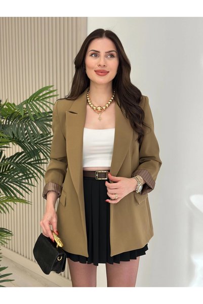HELEN Çizgili Astarlı Blazer Ceket Haki