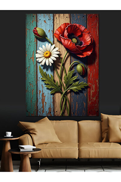 Tablo Mega Tahta Üzerinde Papatya Ve Gelincik Dekoratif Kanvas - Mdf Ahşap Tablo